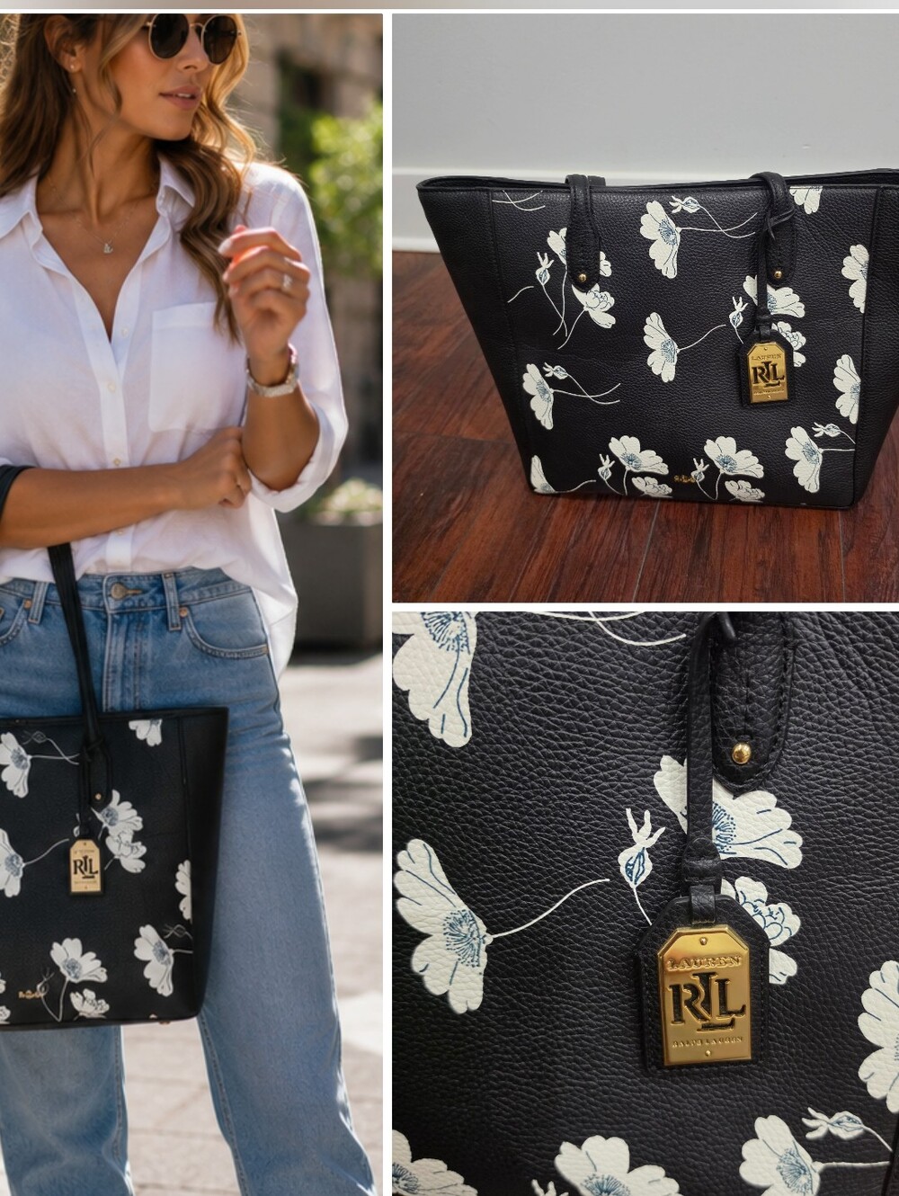 Ralph Lauren Black Floral Leather Tote with Gold Logo Tag